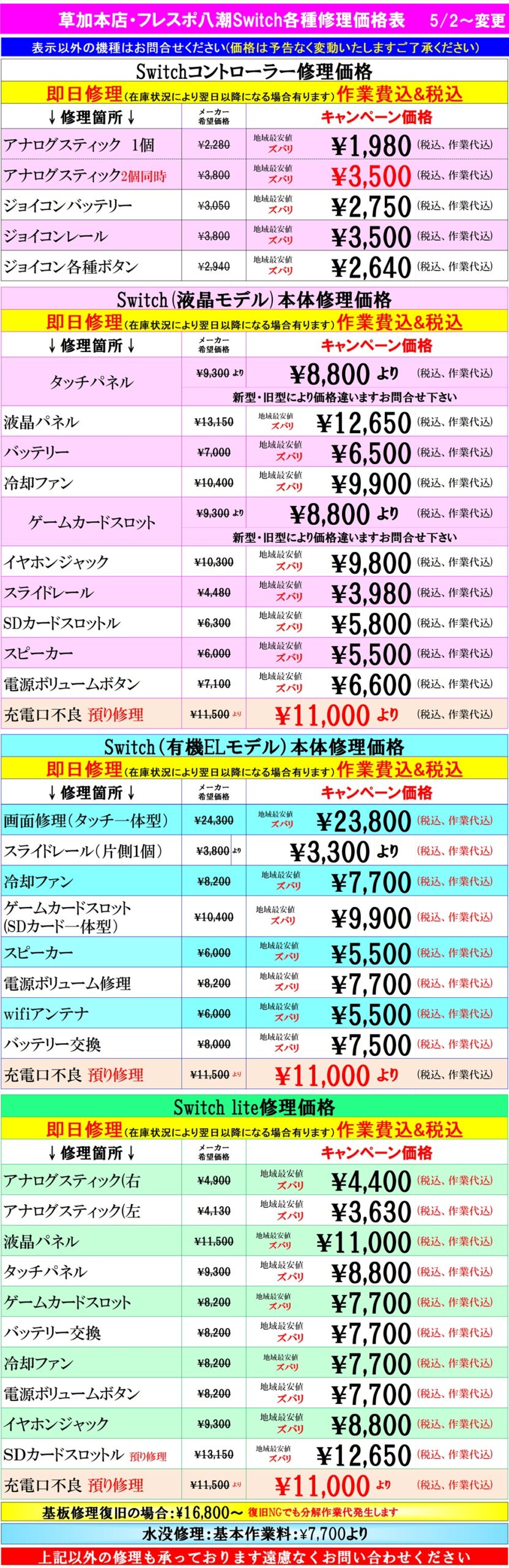 Switch修理は草加市、八潮市、川口市、三郷市、吉川市、足立区のお客様は当日修理で技術力地域ＮＯ１、総務省修理登録店、フレンド草加本店へ